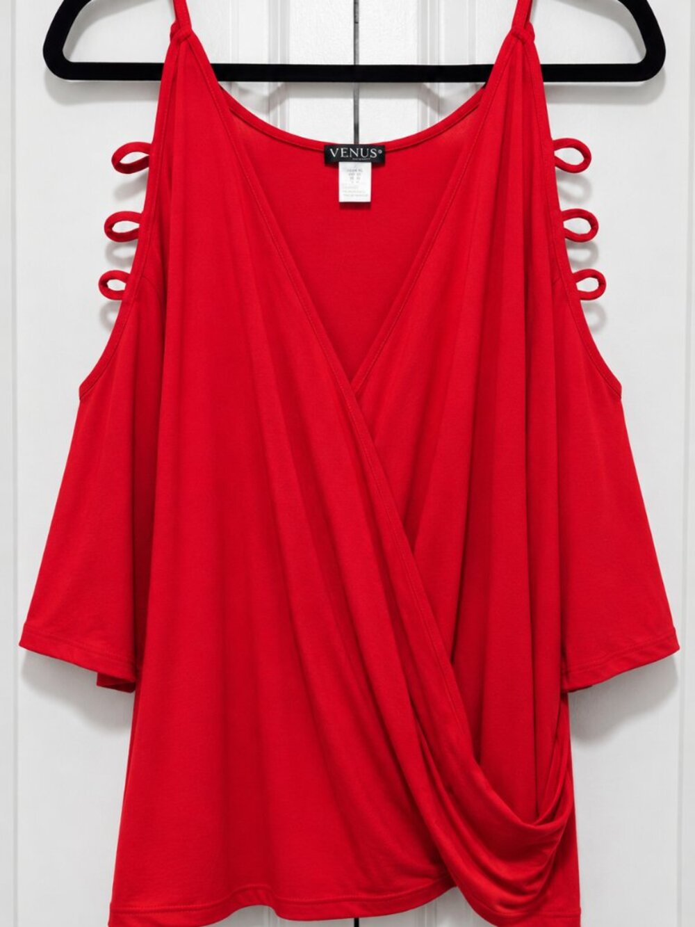 VENUS Women’s XL Red Wrap Front Cold Shoulder 3/4 Sleeve Blouse Top